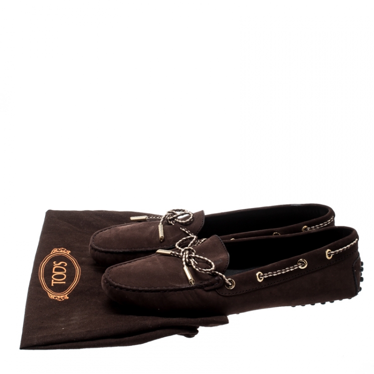Pre Owned Tod's Dark Brown Suede with Contrast Braided Bow Loafers Size 39.5