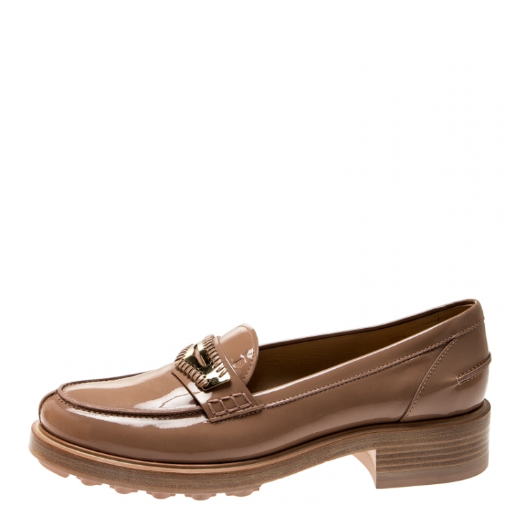 Pre Owned Tod's Pale Pink Patent Leather Whip Stitch Detail Platform Penny Loafers Size 39