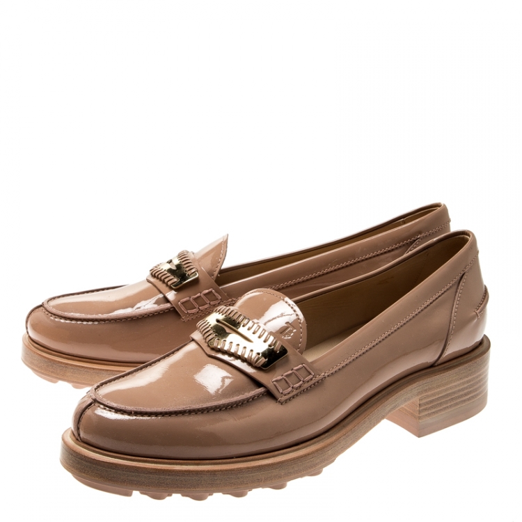 Pre Owned Tod's Pale Pink Patent Leather Whip Stitch Detail Platform Penny Loafers Size 39