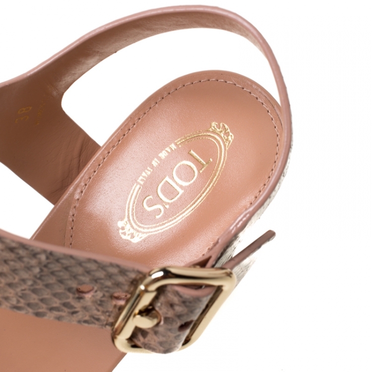 Pre Owned Tod's Beige Python Leather Ankle Strap Platform Sandals Size 38
