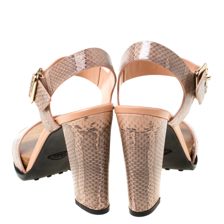Pre Owned Tod's Beige Python Leather Ankle Strap Platform Sandals Size 38