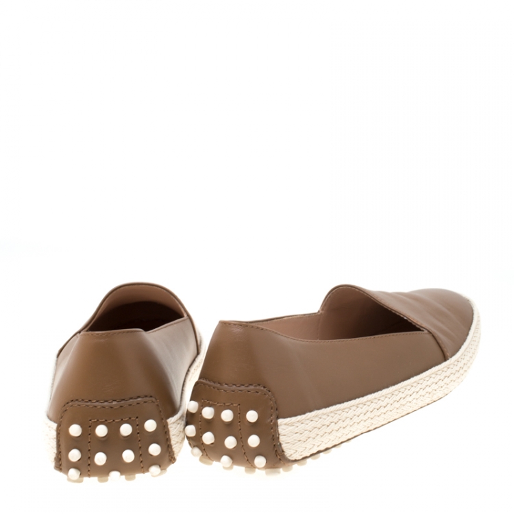Pre Owned Tod's Brown Leather Espadrille Trim Flats Size 38.5