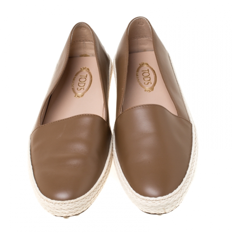Pre Owned Tod's Brown Leather Espadrille Trim Flats Size 38.5