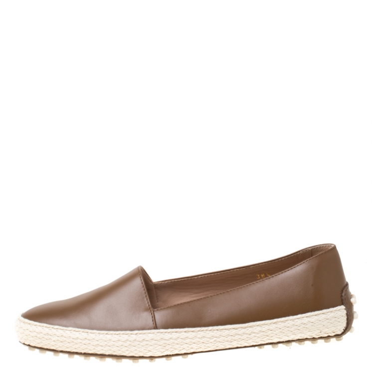 Pre Owned Tod's Brown Leather Espadrille Trim Flats Size 38.5