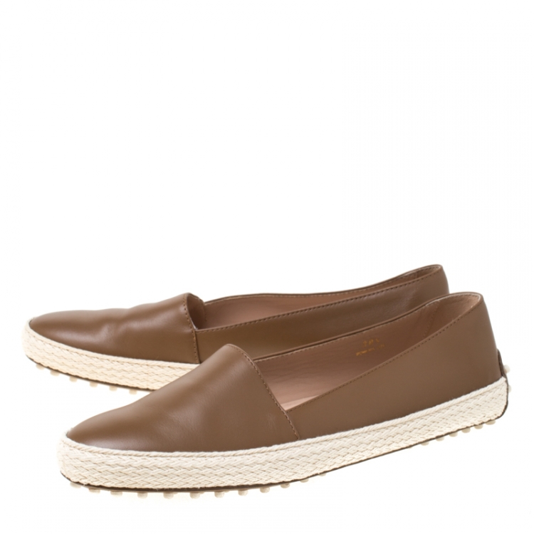 Pre Owned Tod's Brown Leather Espadrille Trim Flats Size 38.5