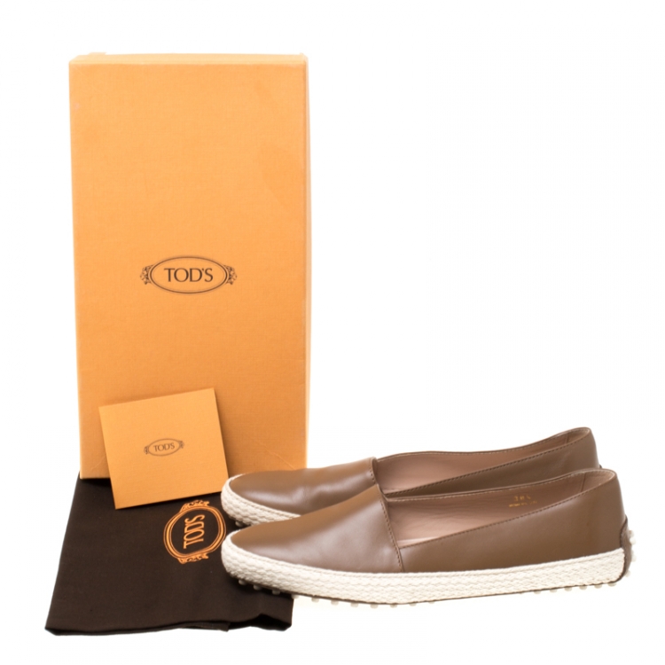 Pre Owned Tod's Brown Leather Espadrille Trim Flats Size 38.5