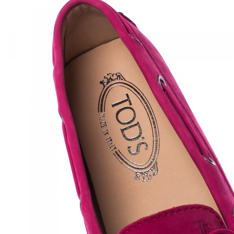 Pre Owned Tod's Pink Suede Leather Gommino Bow Loafers Size 39