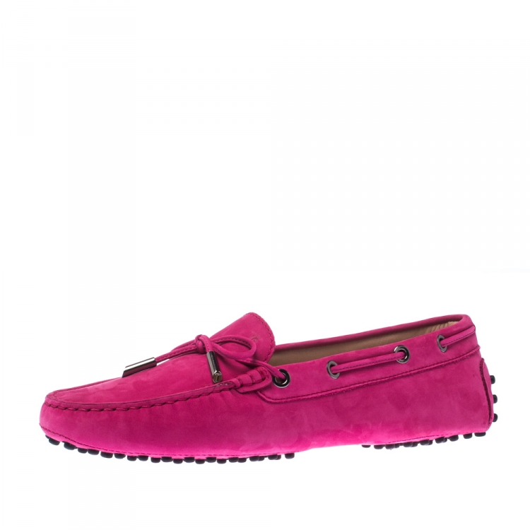 Pre Owned Tod's Pink Suede Leather Gommino Bow Loafers Size 39