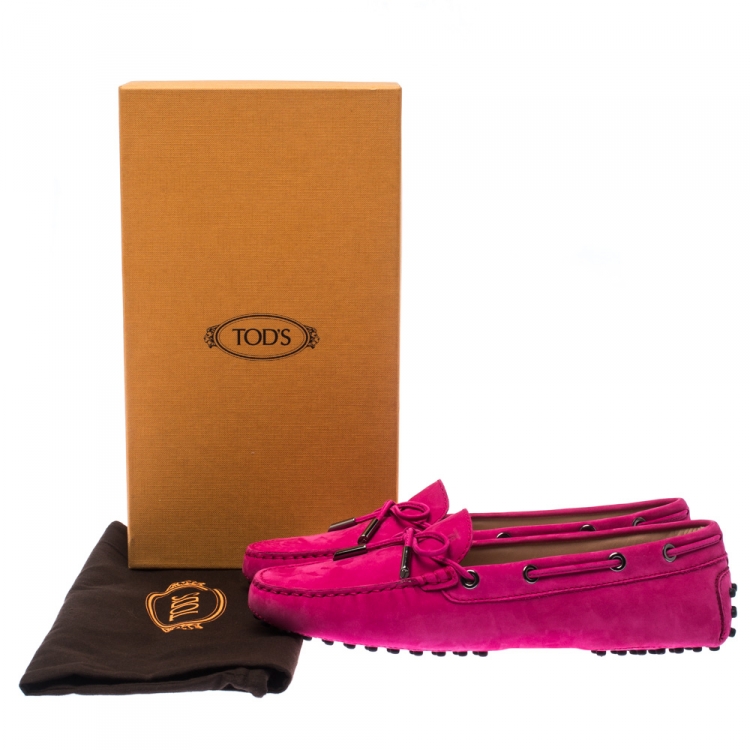Pre Owned Tod's Pink Suede Leather Gommino Bow Loafers Size 39
