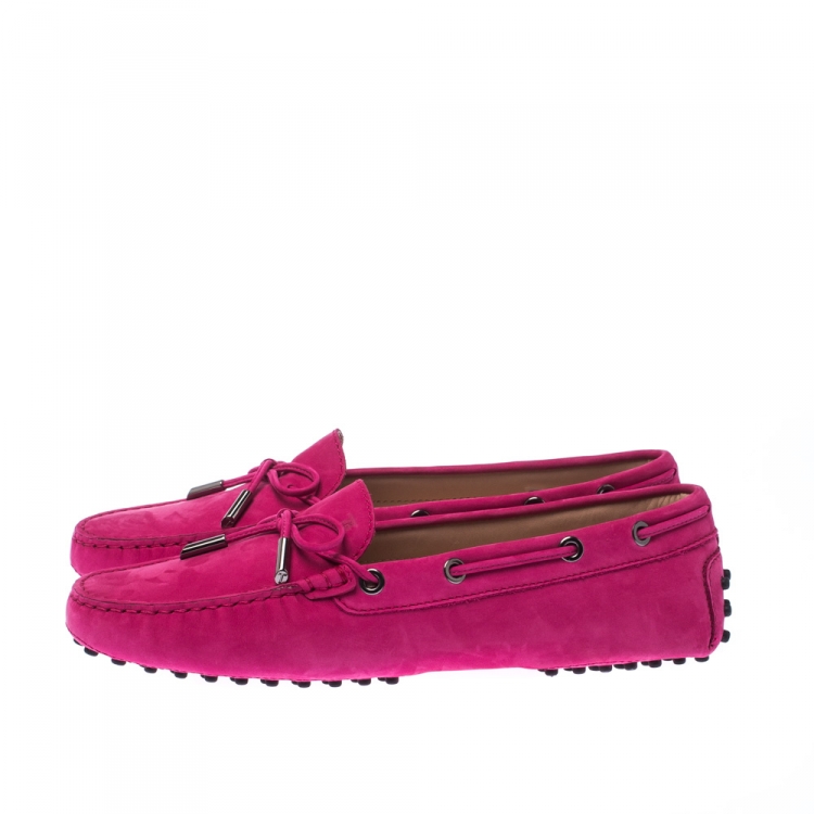 Pre Owned Tod's Pink Suede Leather Gommino Bow Loafers Size 39
