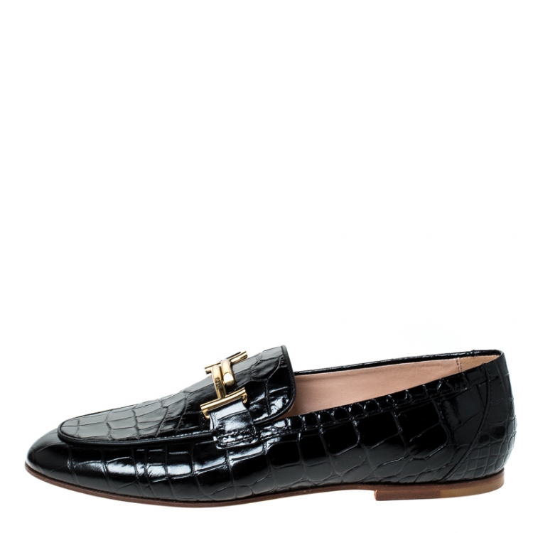 Pre Owned Tod's Black Croc Embossed Leather Double T Flat Loafers Size 38.5