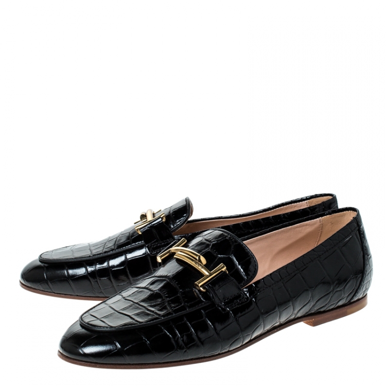 Pre Owned Tod's Black Croc Embossed Leather Double T Flat Loafers Size 38.5
