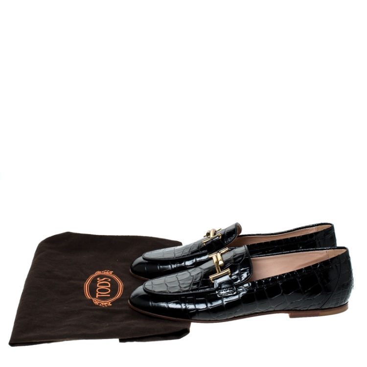 Pre Owned Tod's Black Croc Embossed Leather Double T Flat Loafers Size 38.5