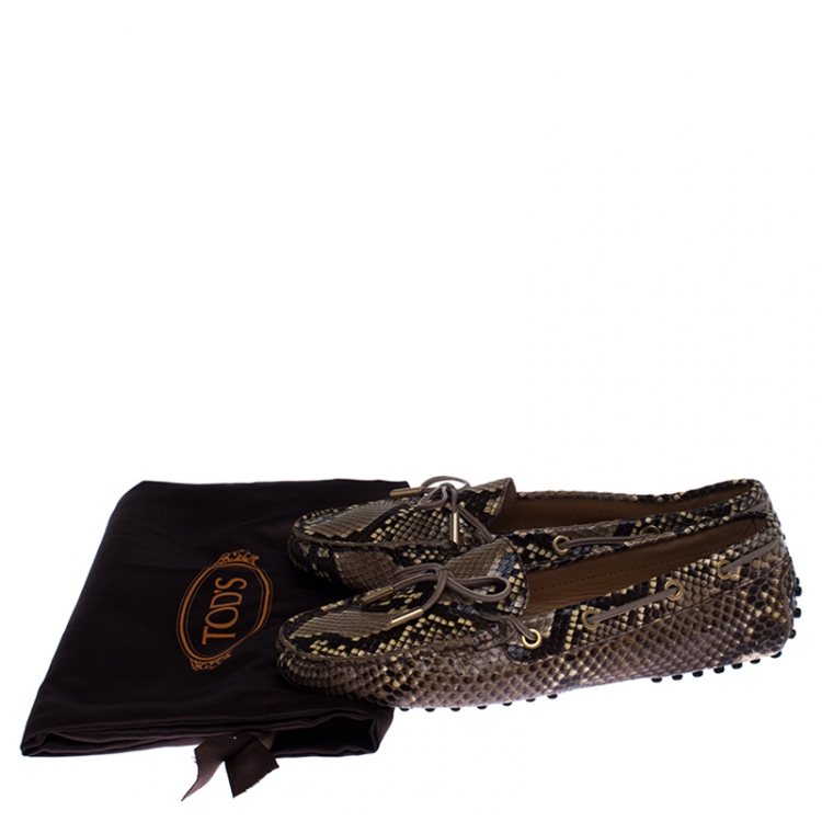 Pre Owned Tod's Brown/Beige Python Leather Gommino Bow Slip On Loafers Size 39
