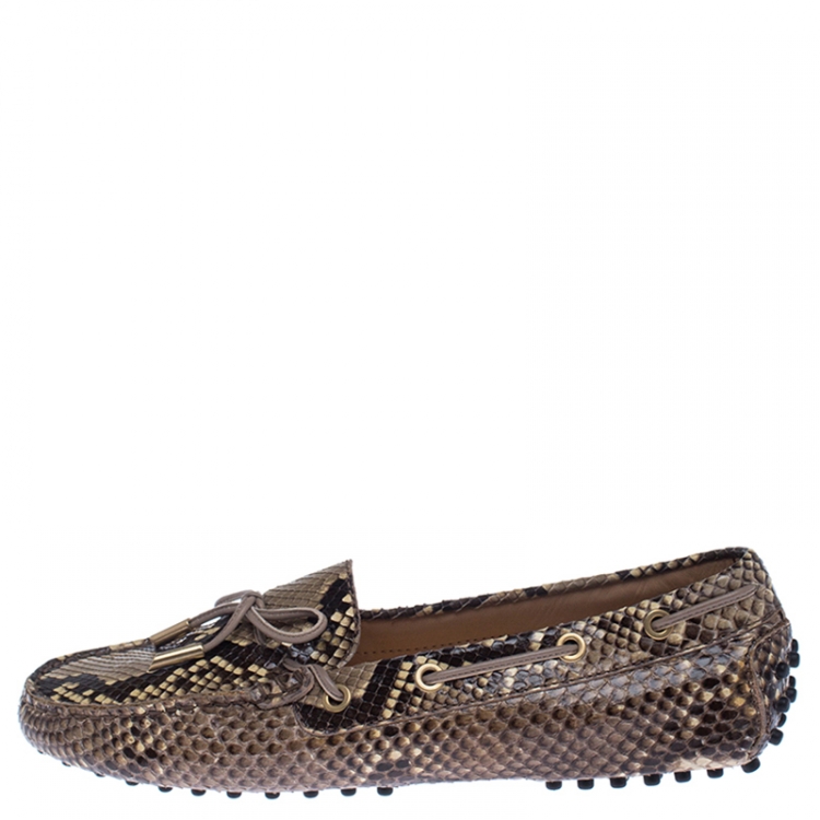 Pre Owned Tod's Brown/Beige Python Leather Gommino Bow Slip On Loafers Size 39