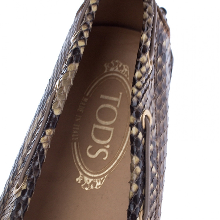 Pre Owned Tod's Brown/Beige Python Leather Gommino Bow Slip On Loafers Size 39