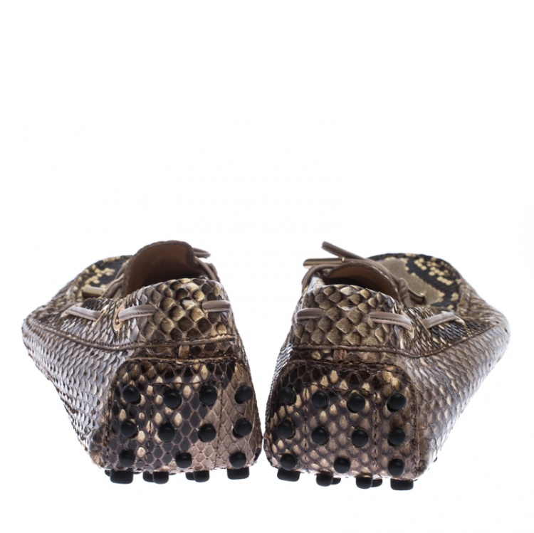 Pre Owned Tod's Brown/Beige Python Leather Gommino Bow Slip On Loafers Size 39