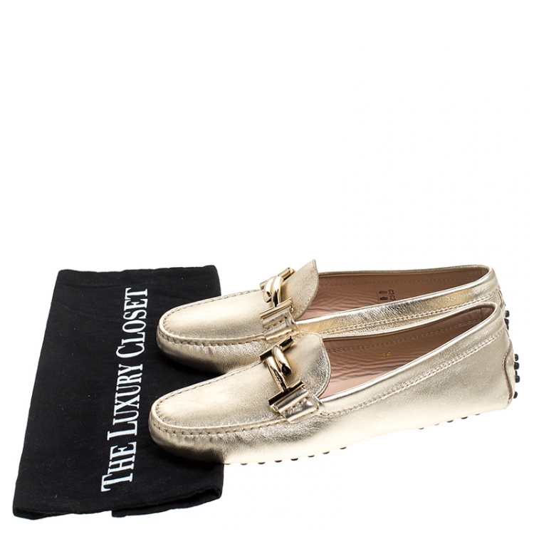 Pre Owned Tod's Metallic Gold Leather Double T Slip On Loafers Size 36