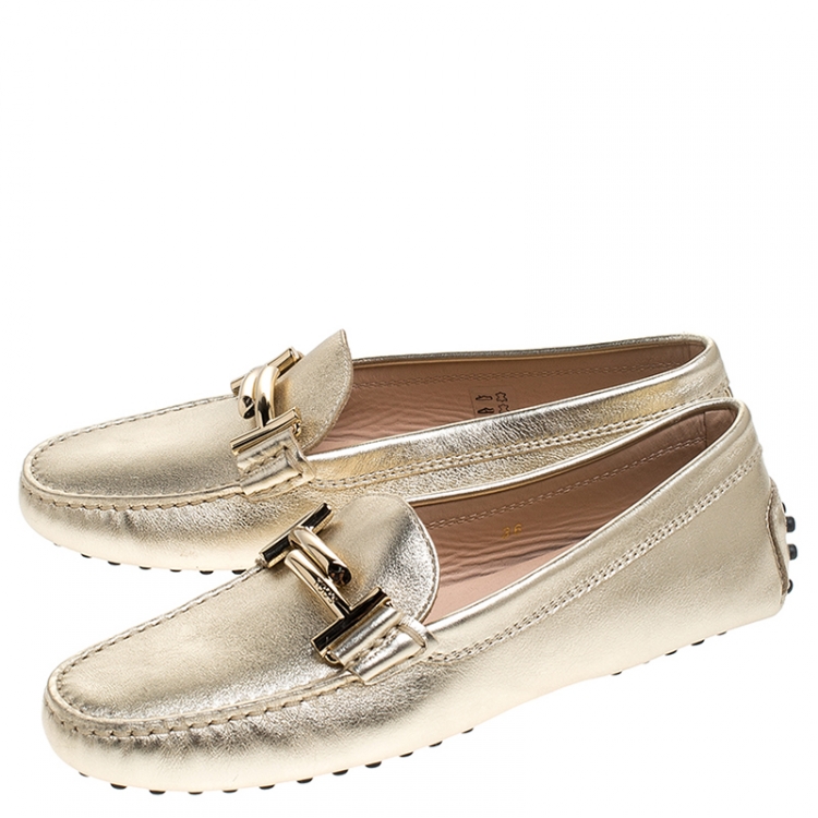 Pre Owned Tod's Metallic Gold Leather Double T Slip On Loafers Size 36