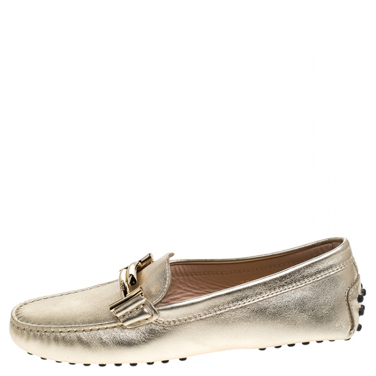 Pre Owned Tod's Metallic Gold Leather Double T Slip On Loafers Size 36