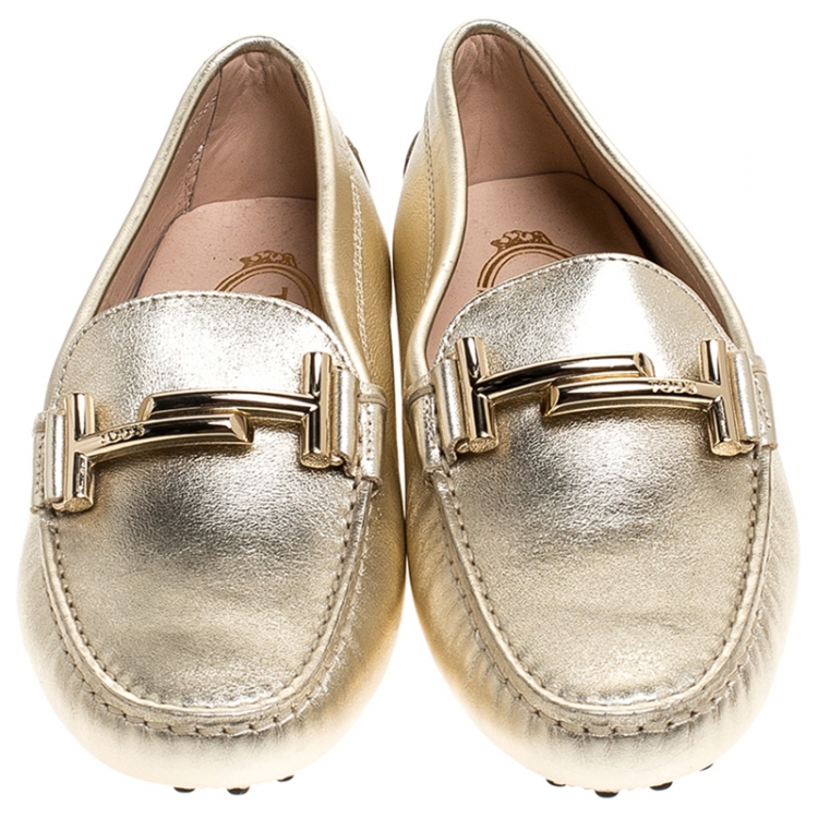 Pre Owned Tod's Metallic Gold Leather Double T Slip On Loafers Size 36