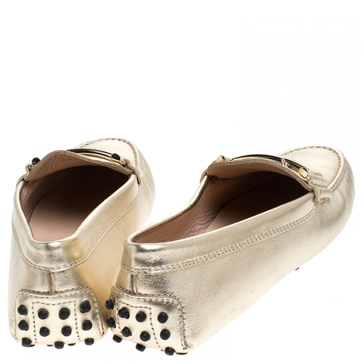 Pre Owned Tod's Metallic Gold Leather Double T Slip On Loafers Size 36