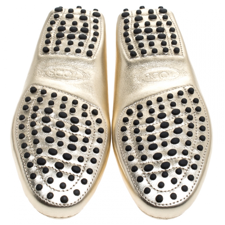 Pre Owned Tod's Metallic Gold Leather Double T Slip On Loafers Size 36