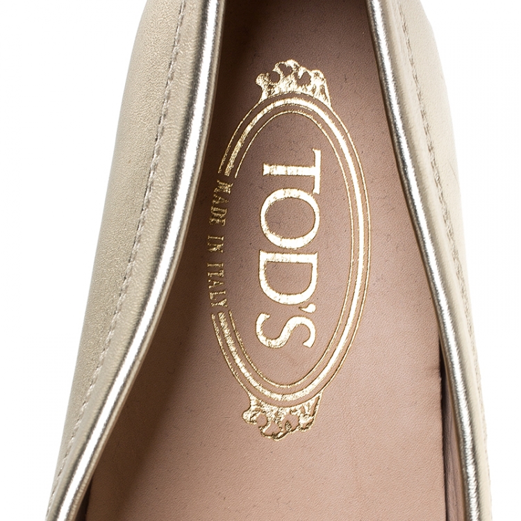 Pre Owned Tod's Metallic Gold Leather Double T Slip On Loafers Size 36