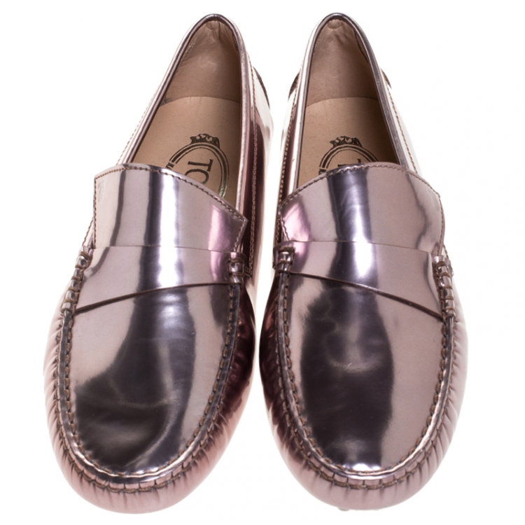 Pre Owned Tod's Metallic Pink Patent Leather Penny Loafers Size 37