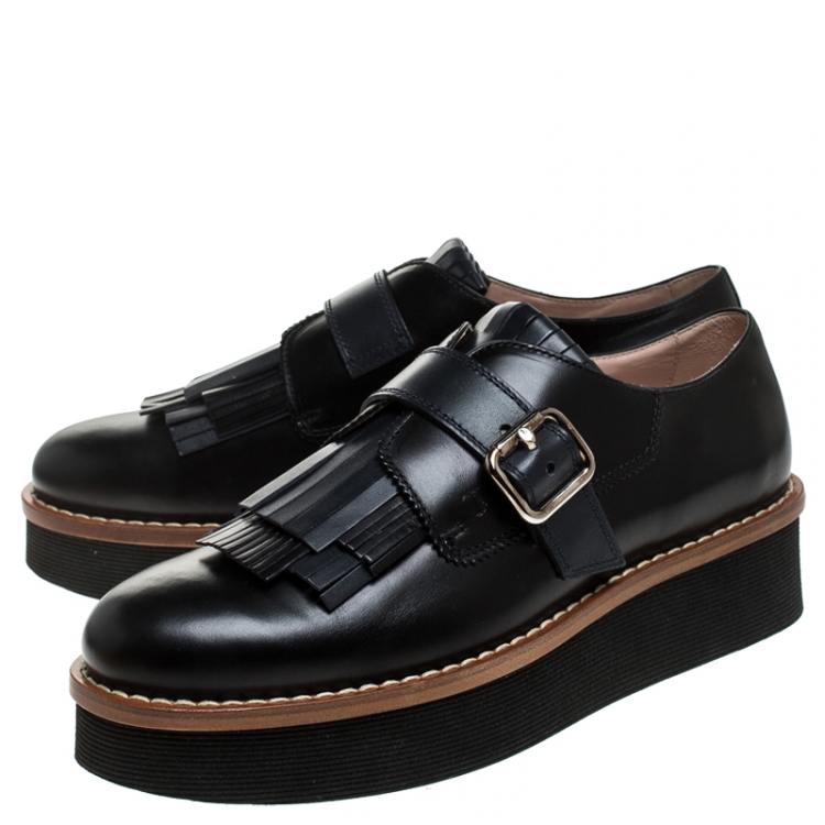 Pre Owned Tod's Black And Navy Blue Leather Fringe Detail Platform Loafers Size 40