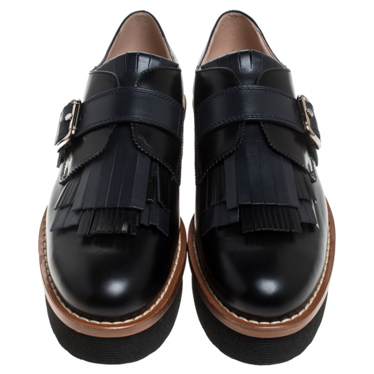 Pre Owned Tod's Black And Navy Blue Leather Fringe Detail Platform Loafers Size 40