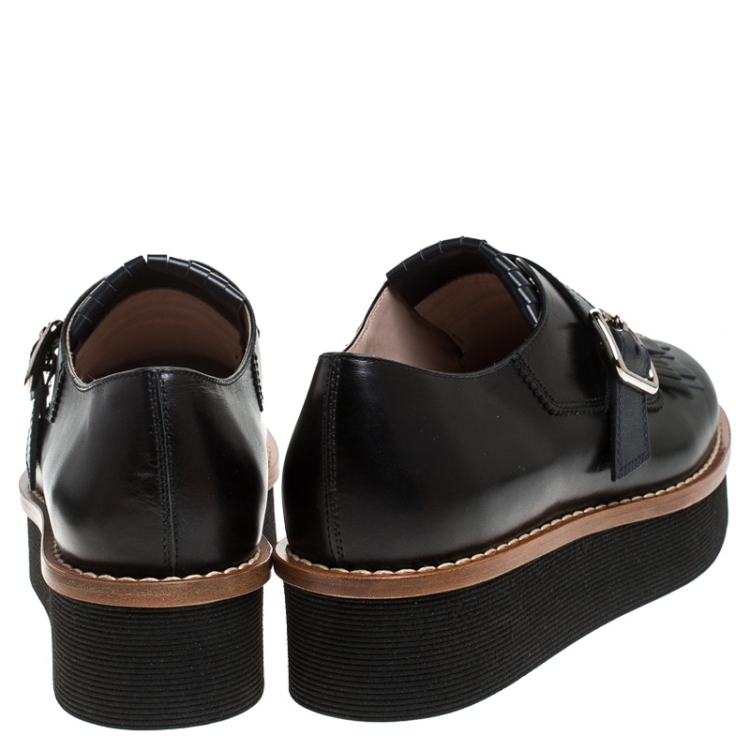 Pre Owned Tod's Black And Navy Blue Leather Fringe Detail Platform Loafers Size 40