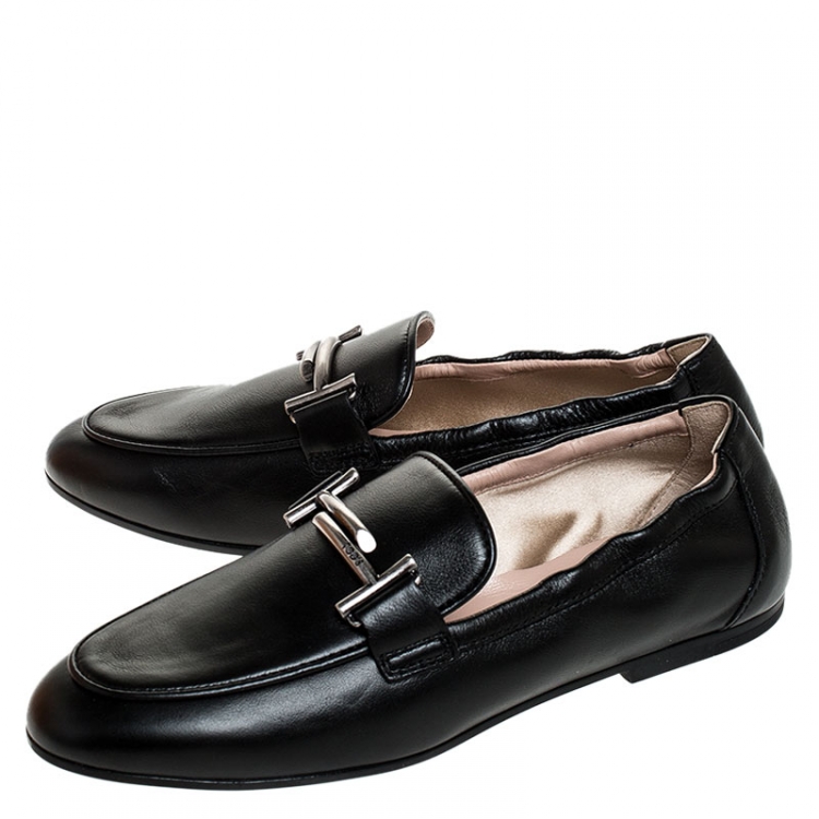 Pre Owned Tod's Black Leather T Slip On Loafers Size 36