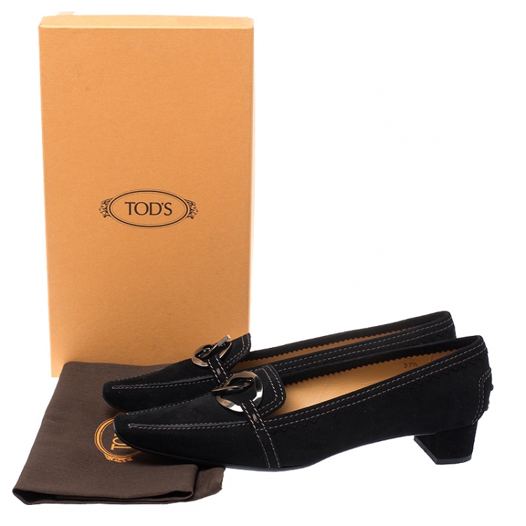 Pre Owned Tod's Black Suede Metal Logo Embellished Loafer Block Heel Pumps Size 37.5