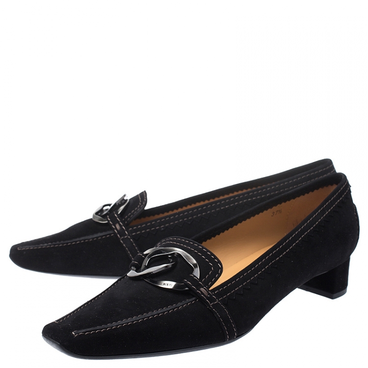 Pre Owned Tod's Black Suede Metal Logo Embellished Loafer Block Heel Pumps Size 37.5