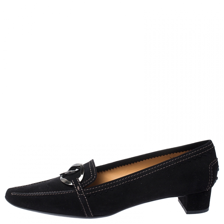 Pre Owned Tod's Black Suede Metal Logo Embellished Loafer Block Heel Pumps Size 37.5