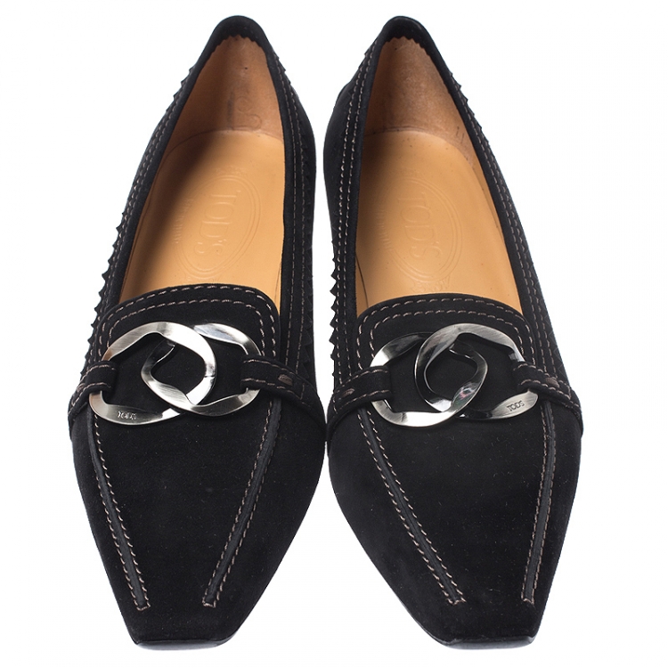 Pre Owned Tod's Black Suede Metal Logo Embellished Loafer Block Heel Pumps Size 37.5