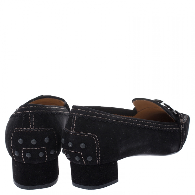 Pre Owned Tod's Black Suede Metal Logo Embellished Loafer Block Heel Pumps Size 37.5