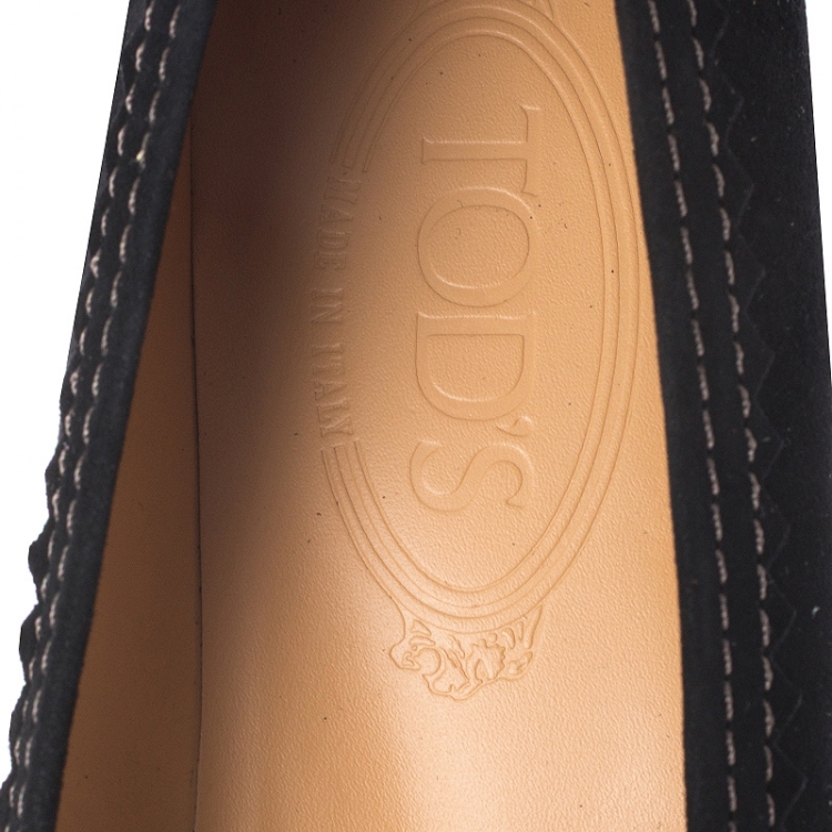 Pre Owned Tod's Black Suede Metal Logo Embellished Loafer Block Heel Pumps Size 37.5