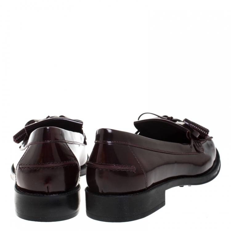 Pre Owned Tod's Maroon Leather Tassel Bow Fringe Detail Loafers Size 36
