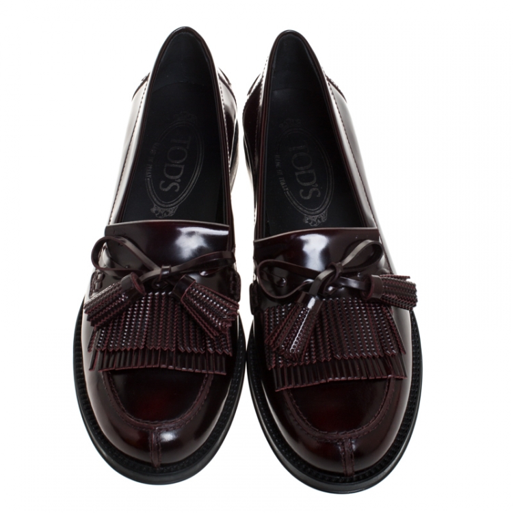 Pre Owned Tod's Maroon Leather Tassel Bow Fringe Detail Loafers Size 36