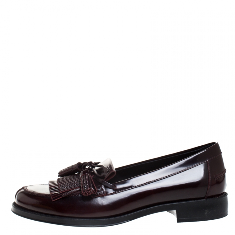 Pre Owned Tod's Maroon Leather Tassel Bow Fringe Detail Loafers Size 36