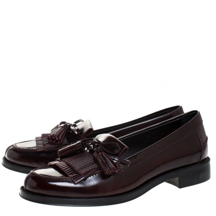 Pre Owned Tod's Maroon Leather Tassel Bow Fringe Detail Loafers Size 36