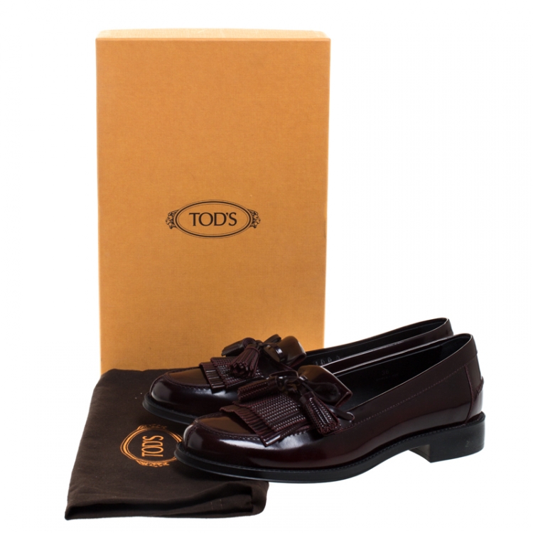 Pre Owned Tod's Maroon Leather Tassel Bow Fringe Detail Loafers Size 36