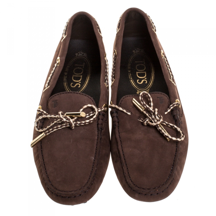 Pre Owned Tod's Brown Nubuck Leather Bow Loafers Size 35
