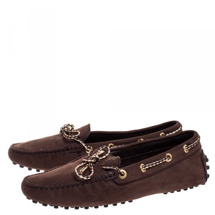 Pre Owned Tod's Brown Nubuck Leather Bow Loafers Size 35
