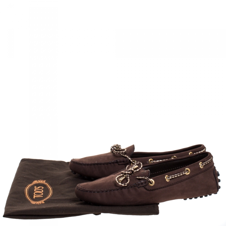 Pre Owned Tod's Brown Nubuck Leather Bow Loafers Size 35