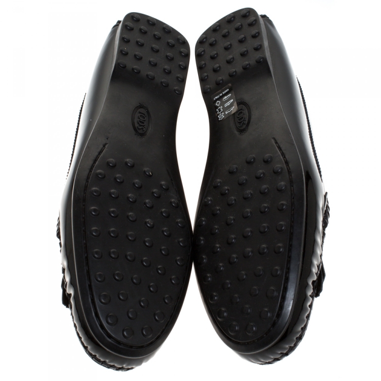 Pre Owned Tod's Black Patent Leather Gommino Fringe Double T Loafers Size 37.5