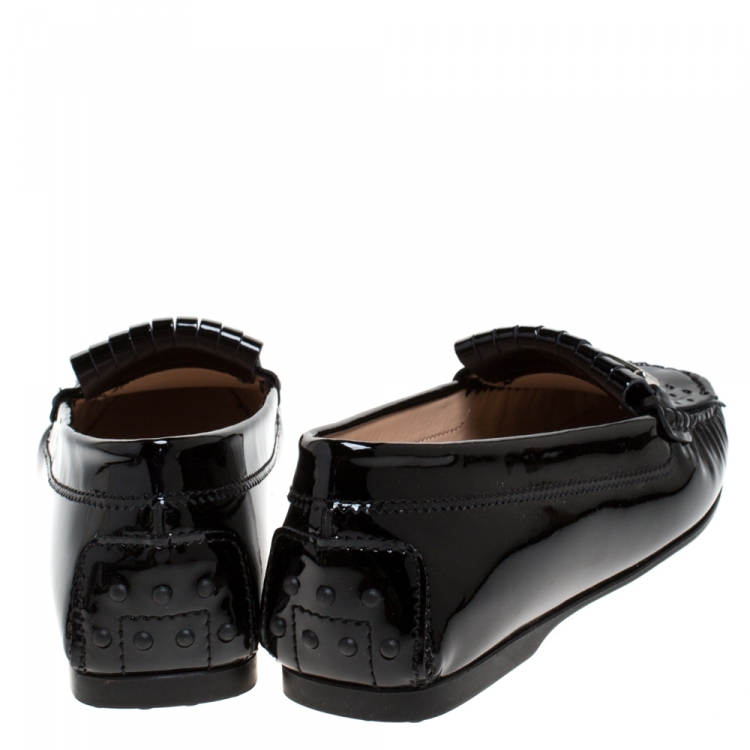 Pre Owned Tod's Black Patent Leather Gommino Fringe Double T Loafers Size 37.5