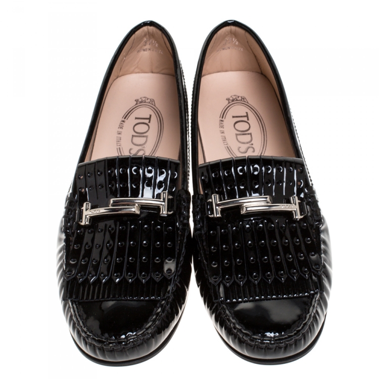 Pre Owned Tod's Black Patent Leather Gommino Fringe Double T Loafers Size 37.5